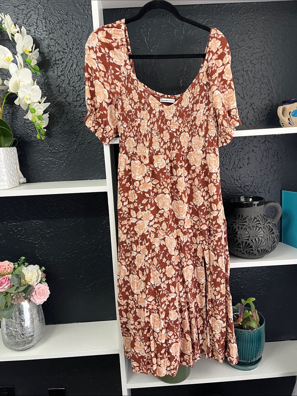 Floral Smocked Midi Dress in Rust and Cream L